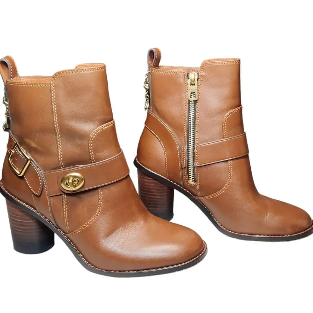Coach Boots Saddle Leather Heel Gold Buckle‎ Brown Equestrian Boho Indie Lux 5.5